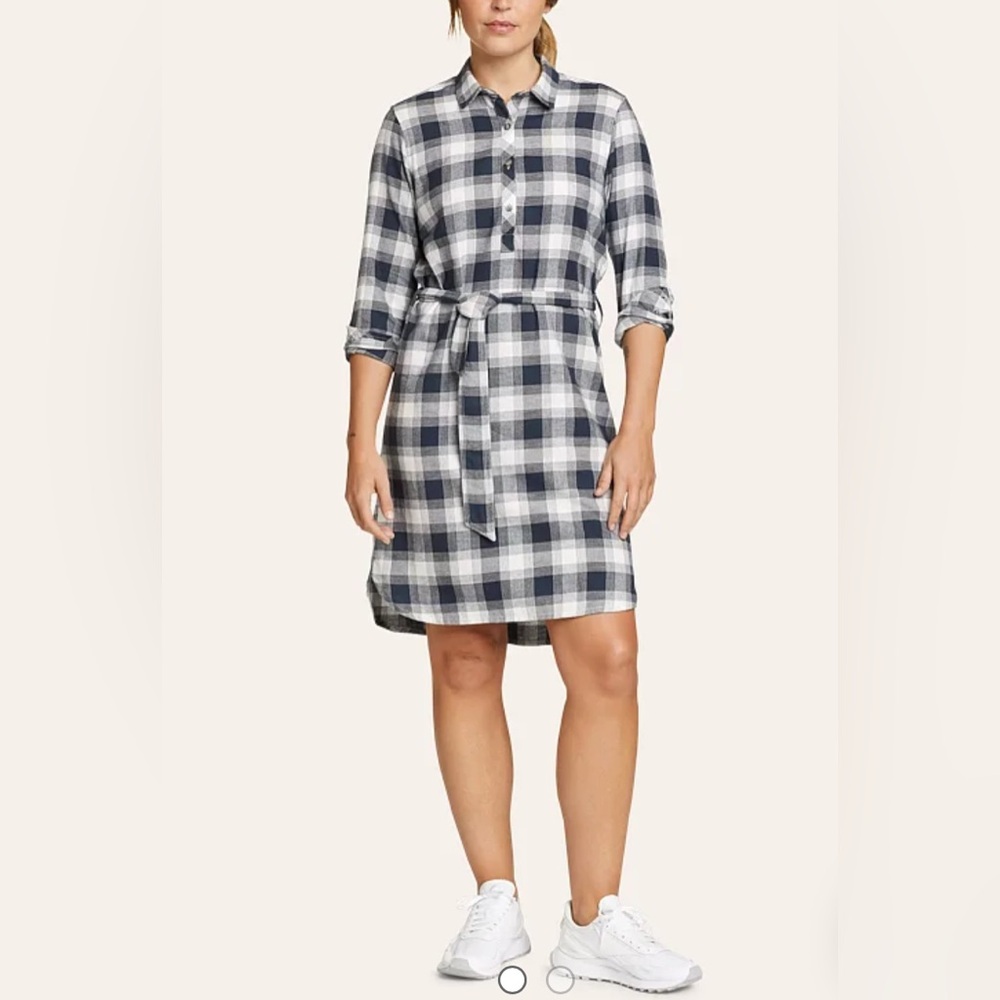 Eddie Bauer Field Flannel Dress EUC Navy/White Size Large